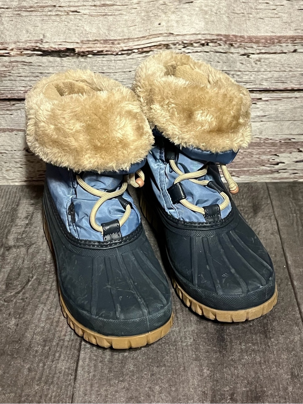 Storm by Cougar Winter Boots in Blue and Tan with Faux Fur Cuff